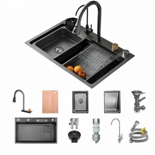 PVD Black Nano Waterfall Workstation Sink PVD Black Nano Waterfall Workstation Sink
