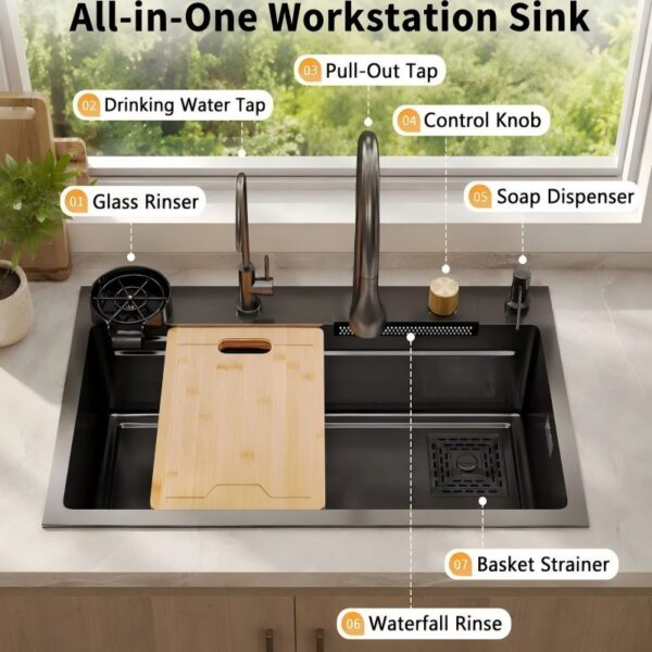 PVD Black Nano Waterfall Workstation Sink