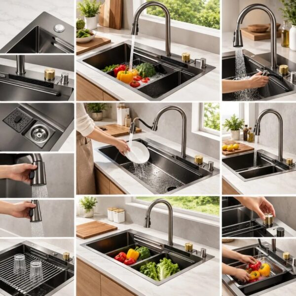 PVD Black Nano Waterfall Workstation Sink