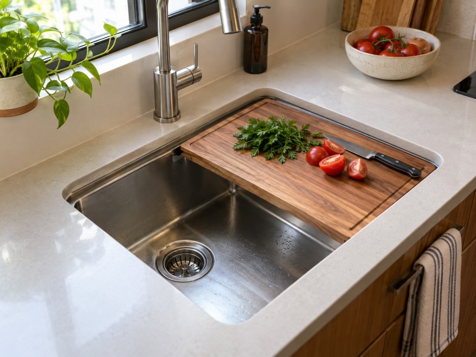 Compact undermount workstation sink with a wooden cutting board resting on internal ledges