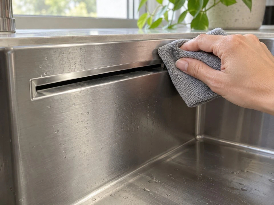 Hand_cleaning_a_stainless_steel_waterfall_sink_outlet_with_a_soft_microfiber_cloth