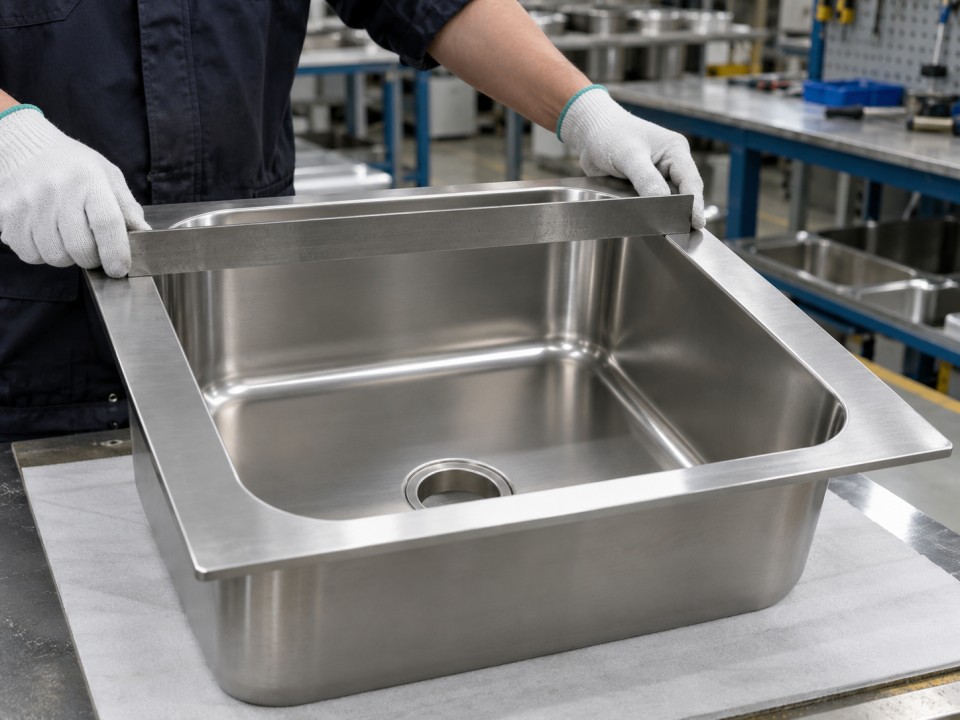 Inspector checking the mounting flange of a stainless steel undermount sink with a metal straightedge