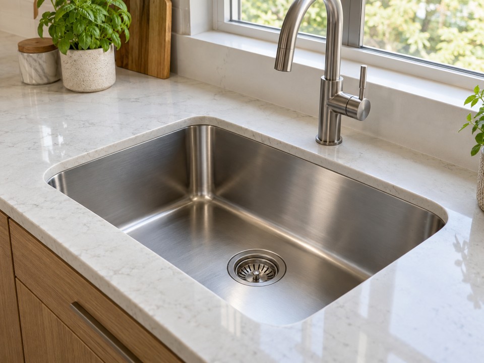 Stainless steel undermount sink installed beneath a quartz countertop in a bright modern kitchen