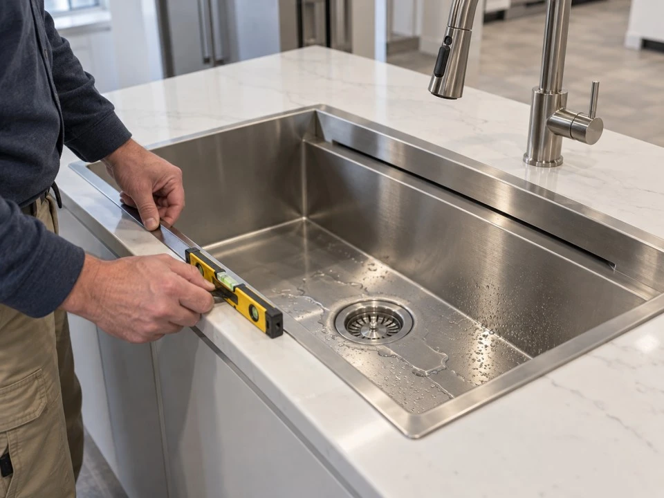 Technician_checking_a_waterfall_sink_rim_with_a_spirit_level_during_installation_inspection