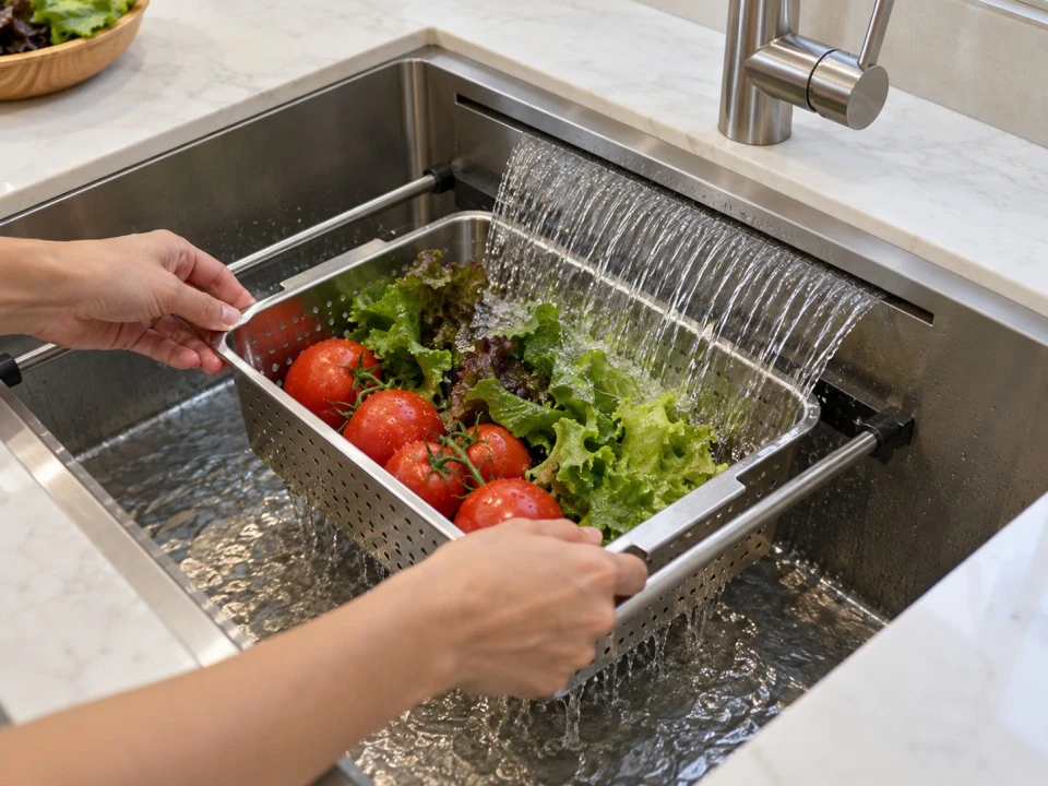 Waterfall_sink_rinsing_tomatoes_and_leafy_greens_in_a_perforated_stainless_steel_basket