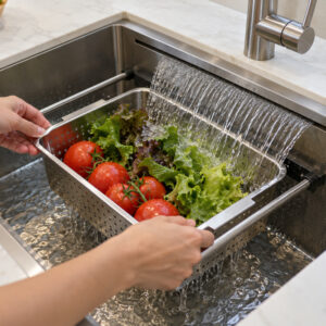 Are Waterfall Sinks Any Good? 3 Waterfall_sink_rinsing_tomatoes_and_leafy_greens_in_a_perforated_stainless_steel_basket