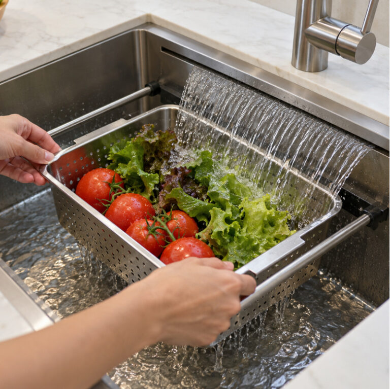 Waterfall_sink_rinsing_tomatoes_and_leafy_greens_in_a_perforated_stainless_steel_basket